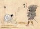 Japan: Traditional crafts and trades of the 18th century from a hand-painted album by an anonymous artist. Folio 12: Harvesting rice (left), Thatcher (right)