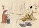 Japan: Traditional crafts and trades of the 18th century from a hand-painted album by an anonymous artist. Folio 16: Wire salesman (left), Blacksmith and knife maker (right)