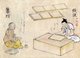 Japan: Traditional crafts and trades of the 18th century from a hand-painted album by an anonymous artist. Folio 19: A gambler with dice (left), a paper maker (right)